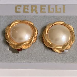 Vintage Cerelli Gold Tone Faux Pearl Clip-on Earrings